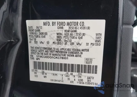 2012 Ford Escape Xlt z USA, uszkodzony, nr VIN 1FMCU0DG1CKC78001